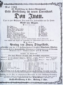 Juliste, joka mainostaa Wolfgang Amadeus Mozartin (1756-91) "Don Juan" (Don Giovanni) -esitystä toukokuussa 1869